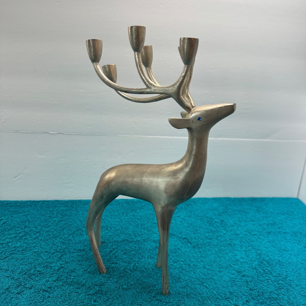 Vintage Silver Metal Reindeer Candelabra 6 Antler Taper Candle Holder Blue Eyes - Picture 4 of 12